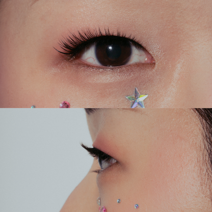 close up image of noohn beauty happy hour false eyelashes on model with monolid eyes