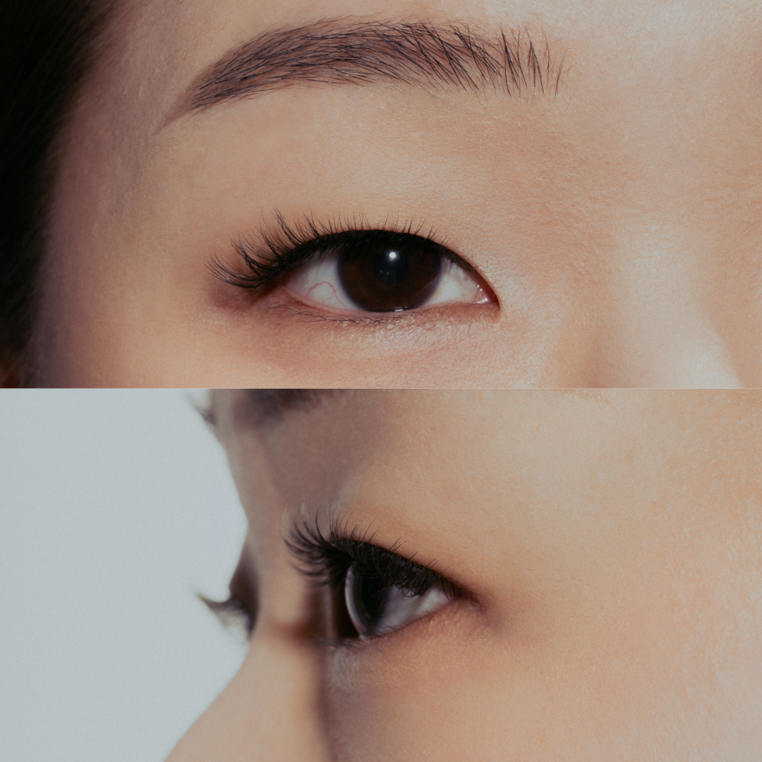 close up image of noohn beauty 9 to 5 false eyelashes on model with monolid eyes