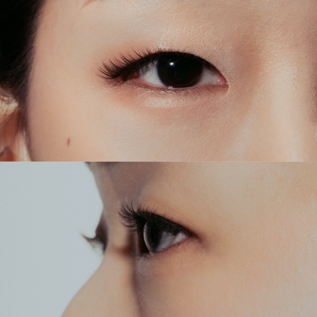 close up image of noohn beauty GNO false eyelashes on model with monolid eyes